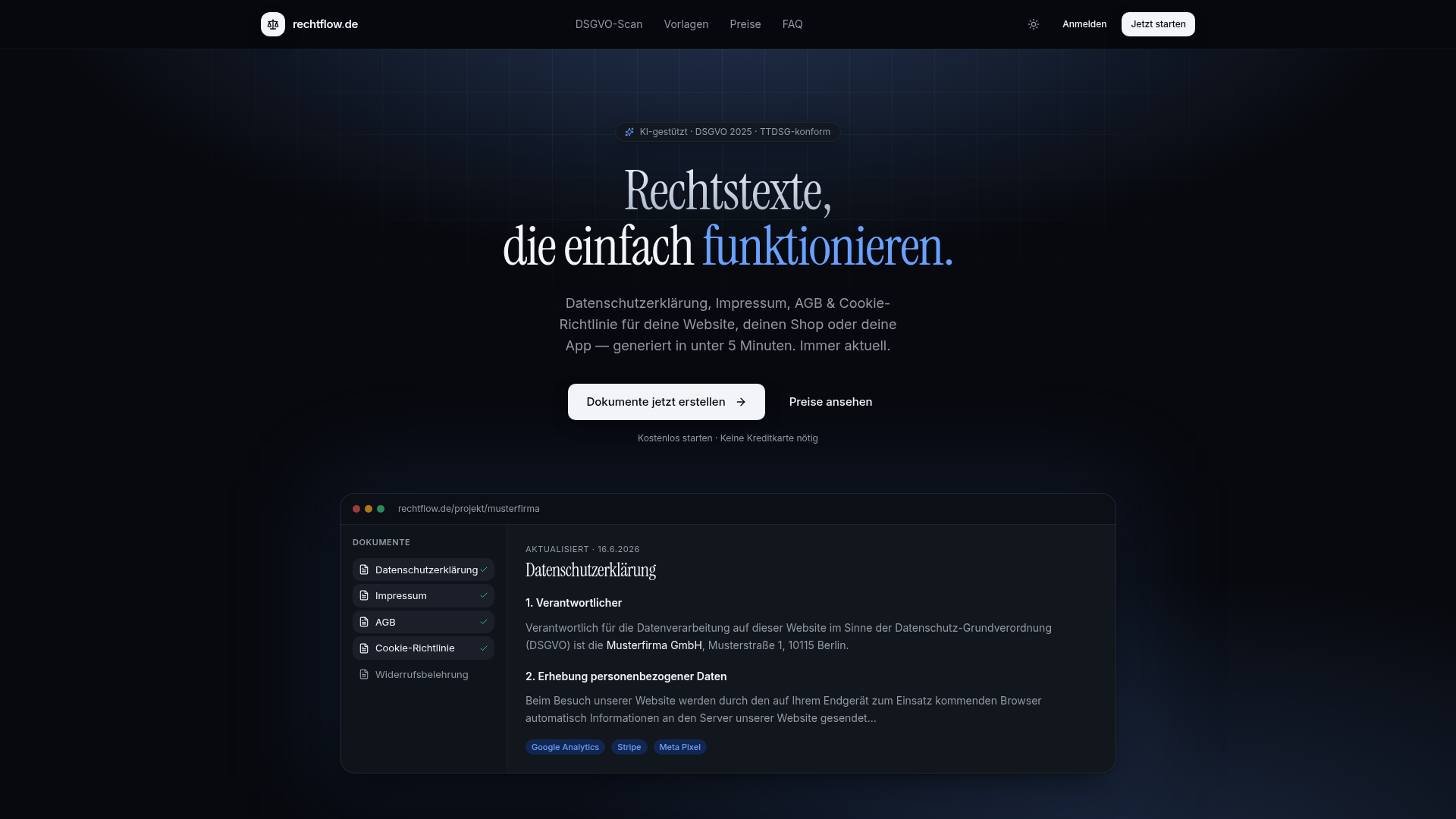 Rechtflow — KI-Rechtstexte für jede Website